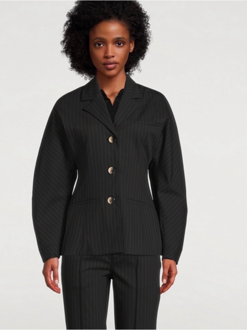 Ganni Black Pinstripe Blazer with Gold-Tone Buttons - Picture 2 of 12